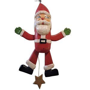 Vintage Santa Claus Wooden Ornament With Moving Limbs & Gold Star Collectible